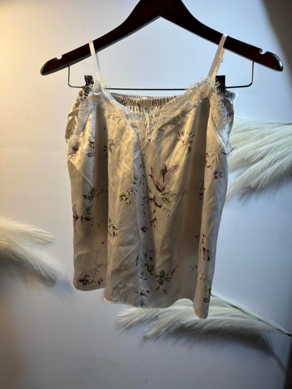 (#112) Floral Lace Trim Satin Cami Tank in Ivory and Mauve